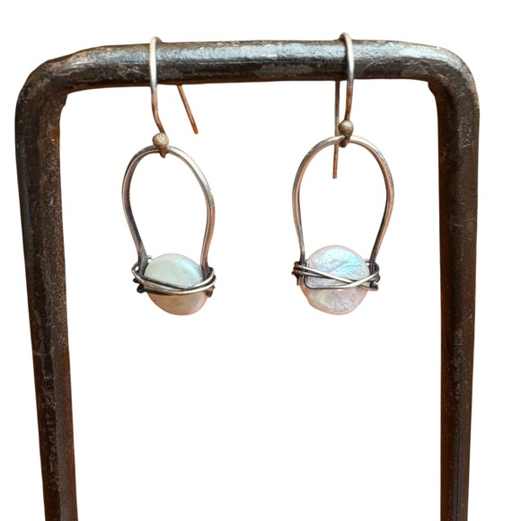 Handcrafted Wire Wrapped Pearl Drop Earrings Artisan Silver Tone Jewelry - Picture 3 of 4